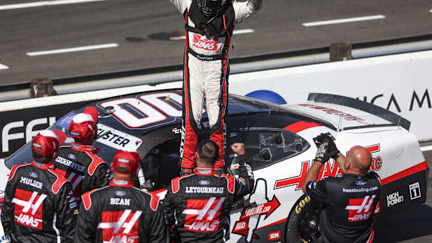 Cole Custer and his crew celebrate after winning Saturday's NASCAR Xfinity Series Pacific Office Automation 147 at Portland International Raceway. (Photo by James Gilbert/Getty Images)